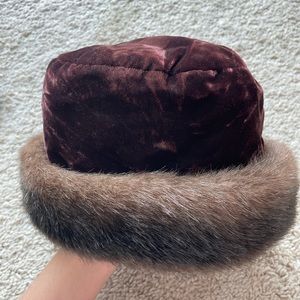 Vintage Brown Velvet and Faux Fur Hat